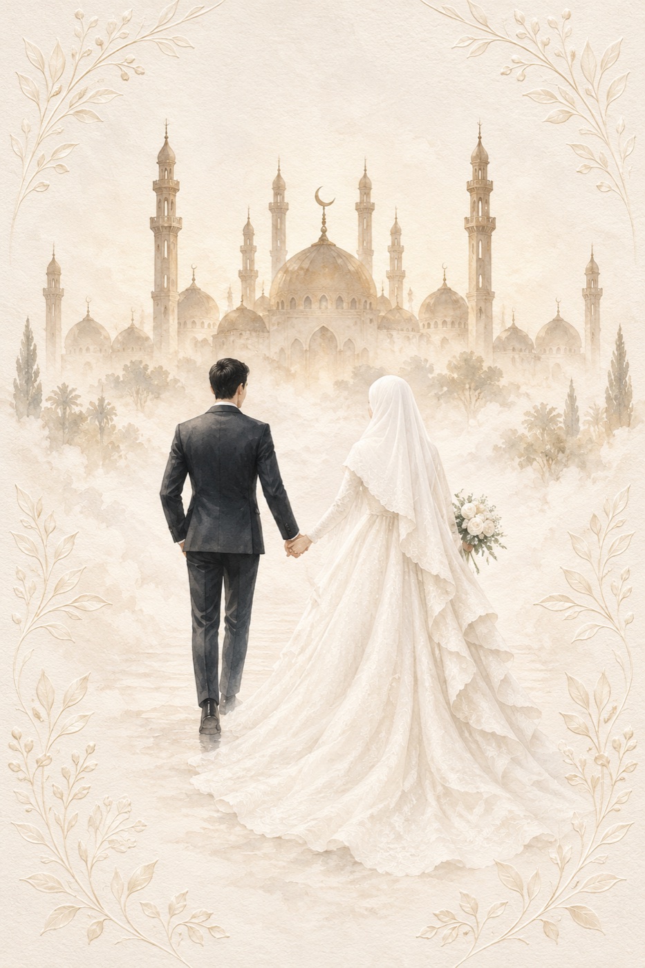 Watercolour of a bride in a white gown and hijab and a groom in a dark suit walking hand in hand toward a golden mosque